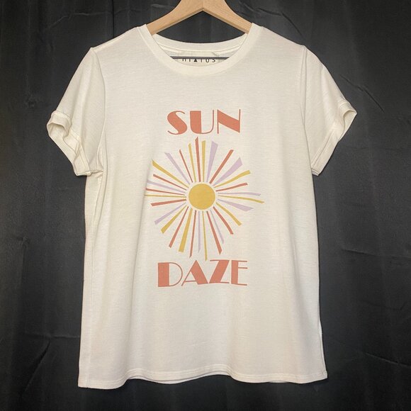 Hiatus Sun Daze Tee Shirt Womens MP Beige Rust Yellow Lavender Graphic Boho EUC - Picture 1 of 8